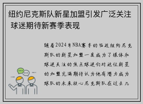 纽约尼克斯队新星加盟引发广泛关注 球迷期待新赛季表现