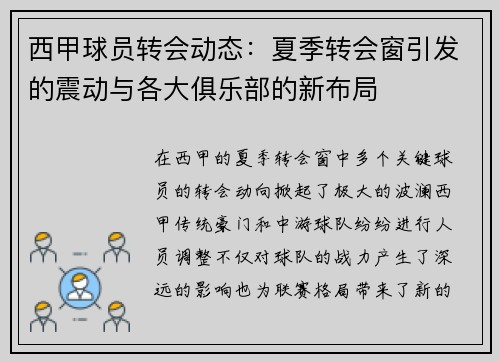 西甲球员转会动态：夏季转会窗引发的震动与各大俱乐部的新布局