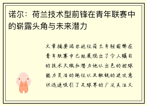 诺尔：荷兰技术型前锋在青年联赛中的崭露头角与未来潜力