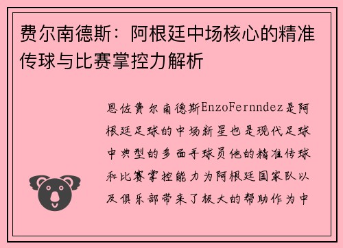 费尔南德斯：阿根廷中场核心的精准传球与比赛掌控力解析