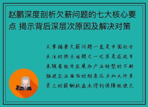 赵鹏深度剖析欠薪问题的七大核心要点 揭示背后深层次原因及解决对策 赵鹏深度剖析欠薪问题的七大核心要点 揭示背后深层次原因及解决对策
